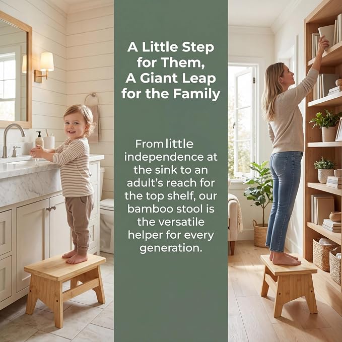 Lyellfe Bamboo Step Stool, Support up to 300lbs | Non-slip Potty Training Stool, Portable Sturdy Bedside Stool for High Beds, Easy Assembly