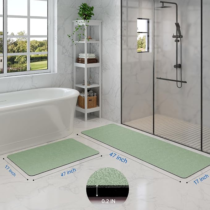 Sage Green Bath Mat Set 2 Piece - Quick Dry Super Absorbent Diatomaceous Earth Bathroom Rugs With Rubber Backing Non-Slip for Shower Floor, 47x17 + 24x17