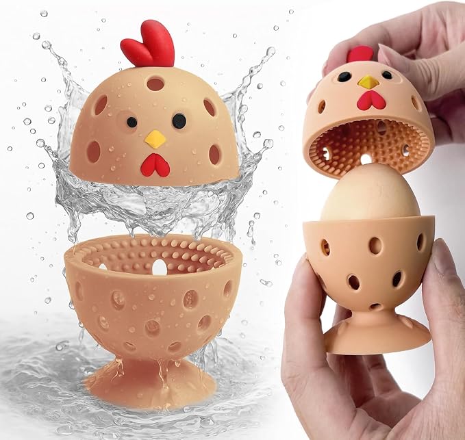 Egg Washer for Fresh Eggs, Egg Scrubber for Fresh Eggs, 2 Reusable Silicone Chicken Shaped Scrubs, Chicken Egg Cleaner, Eggshell Cleaner for Poultry Farm, Housewife Tools Vegetable Processing (Brown)