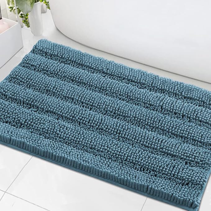 H.VERSAILTEX Bath Mats for Bathroom Non Slip Extra Thick Chenille Striped Bath Rug 24" x 36" Absorbent Non Skid Fluffy Soft Shaggy Rugs Washable Plush Mats for Indoor, Bath Room, Tub - Turquoise Blue