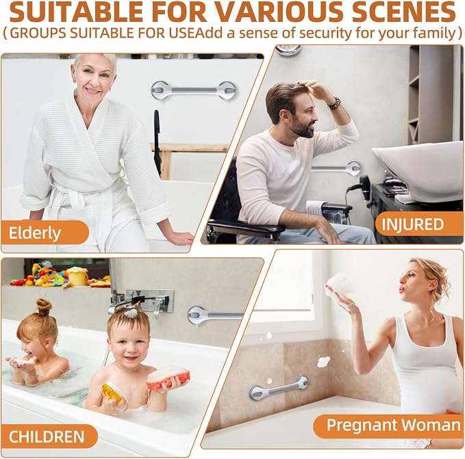 Shower Handle 1 Pack, 17 Inch Grab Bar for Bathtubs and Showers, Strong Suction Cup Safety Handrail for Seniors, Elderly, Injury Recovery, No Drilling Waterproof Bathroom Grip, Grey