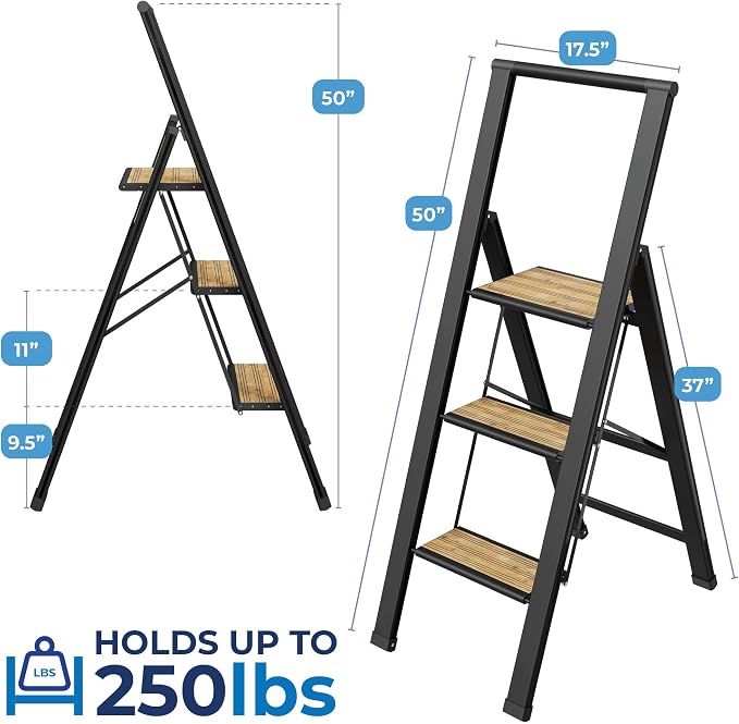 Step Ladder 3 Step Folding, Decorative - Beautiful Bamboo & Black Aluminum, Ultra Slim Profile, Anti Slip Steps, Sturdy-Portable for Home, Office, Kitchen, Photography Use,By SORFEY