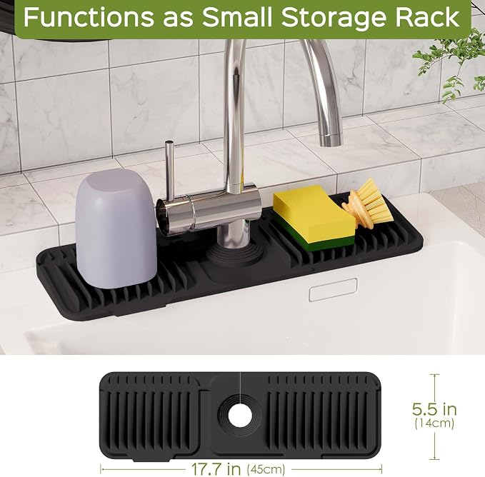 18 Inch Silicone Faucet Mat for Kitchen Sink Splash Guard – 2025 Upgraded Draining Mat with Water Tray Behind Faucet – Countertop Protectors to Catch Spills (Black, 17.7" x 5.5")