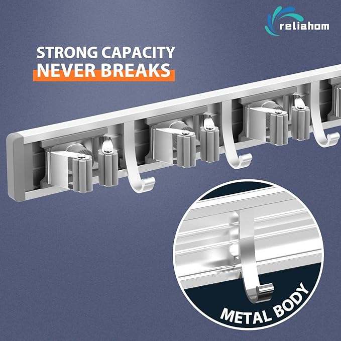 reliahom Broom Holder Wall Mount, 2 Pack 5 Racks with 4 Hooks Silver - Mop Storage Tool Racks, Broom Hanger Tool Organizer for Garage, Kitchen, Garden, Laundry Room