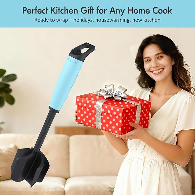 Ourokhome Meat Chopper and Potato Masher, Heat Resistant Nylon Ground Beef Smasher for Hamburger, 5 Curved Blades Nonstick Safe Mixer & Stirrer Practical Kitchen Gadgets, Teal