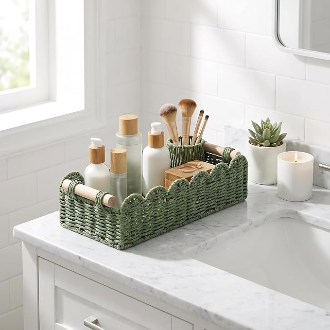 CubesLand Scalloped Edge Decor Baskets for Home, Living Room, Toilet Paper Storage Basket for Over Toilet Shelf, End Table,Shelves and More, Small Paper Rope Baskets Both Storage&Decor, Set 2 Green