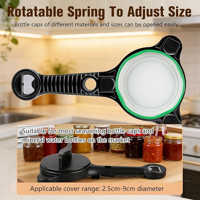 Multi-Functional 4-in-1 Jar & Bottle Opener, Adjustable Grip for Lids 1-3.5 Inches, Magnetic Stainless Steel Can Opener with Ergonomic Handle, Easy Open Kitchen Tool (1-Pack, Black)