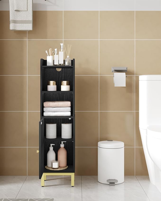Hzuaneri Bathroom Storage Cabinet, Small Corner Floor Cabinet with Door and Shelves, Narrow Toilet Paper Holder, Bathroom Organizer with Adjustable Shelf, for Small Spaces, Black BC38204GV1
