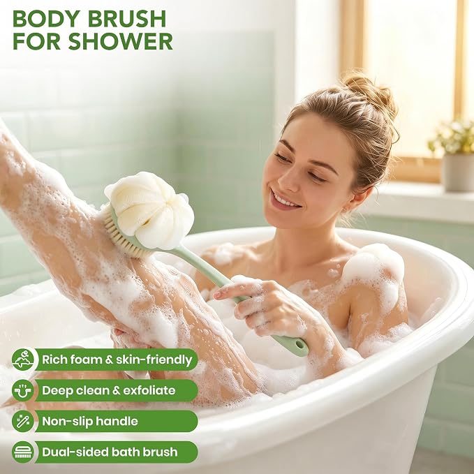 Back Scrubber for Shower, 15.7" Loofah with Handle, Back Shower Brush with Bristles and Loofah, Dry Brushing Body Brush for Cleanse Back and Hard to Reach Areas with Curved Long Handle