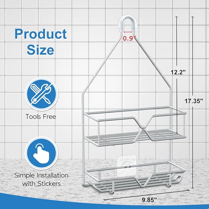 TreeLen Rustproof Shower Caddy, Hanging, Stainless Steel, 4 Hooks, 2 Shelves, Non-Slip