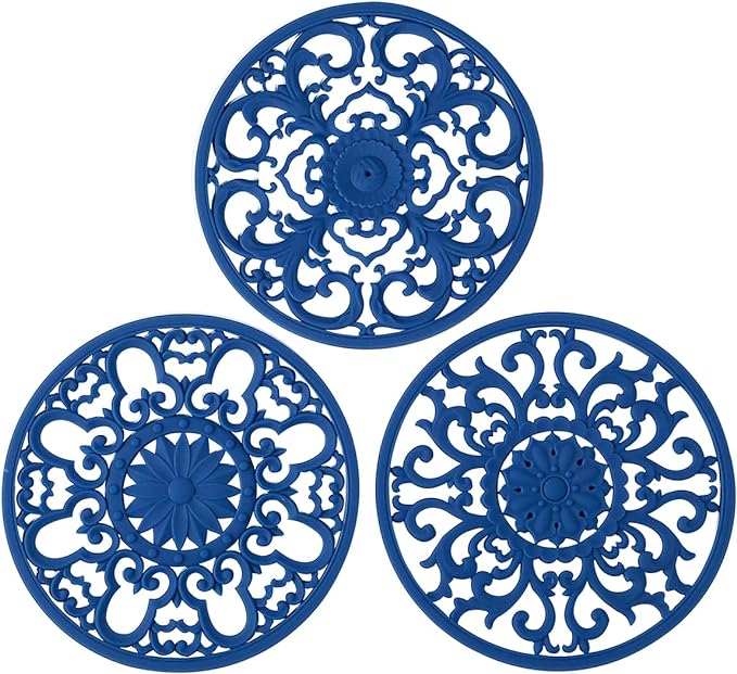 Extra Thick Silicone Trivet Mat for Hot Dishes, Hot Pots and Pans, Pot Holder, Hot Pad to Protect Your Table and Countertop, Kitchen Decor and Accessories,Navy Blue, Set of 3
