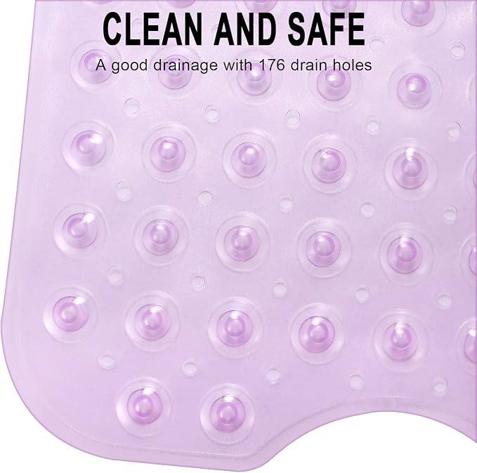 YINENN Bath and Shower Safety Mats 40x16 inch, Non Slip with Suction Cups for Bathroom Stall and Tub Floor, Extra Large and Machine Washable, Drain Holes Keep Bathtub Clean, Purple