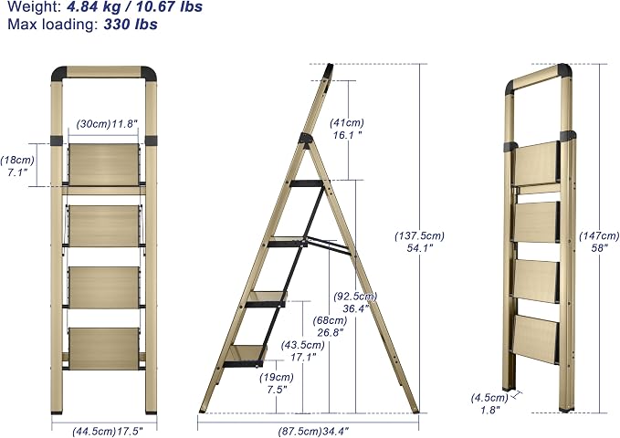 Step Ladder 4-Step Champagne Finish Aluminum Folding Ladders