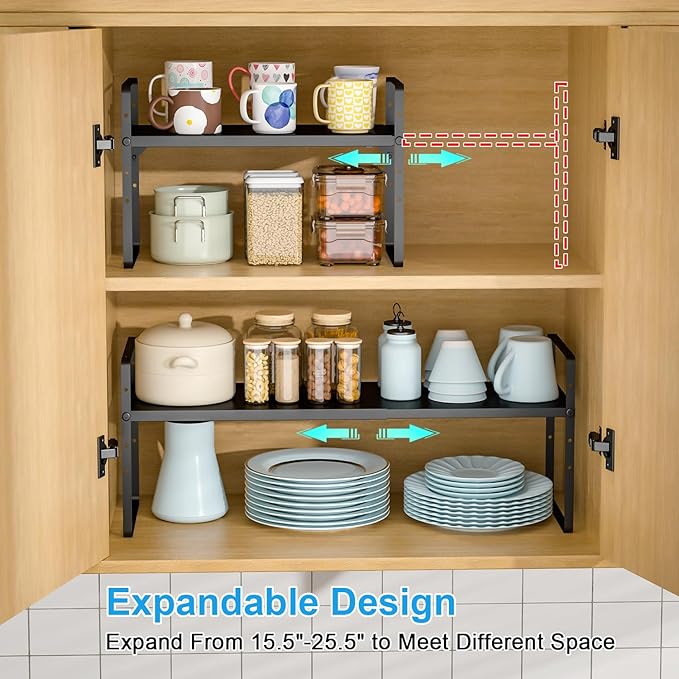 X-cosrack 25.5 Inches 2 Pack Expandable Cabinet Shelves, Stackable Shelf Organizer for Kitchen Cabinet Countertop Storage, Adjustable Counter Cupboard Pantry Organizer Shelf Rack Stand Riser, Black