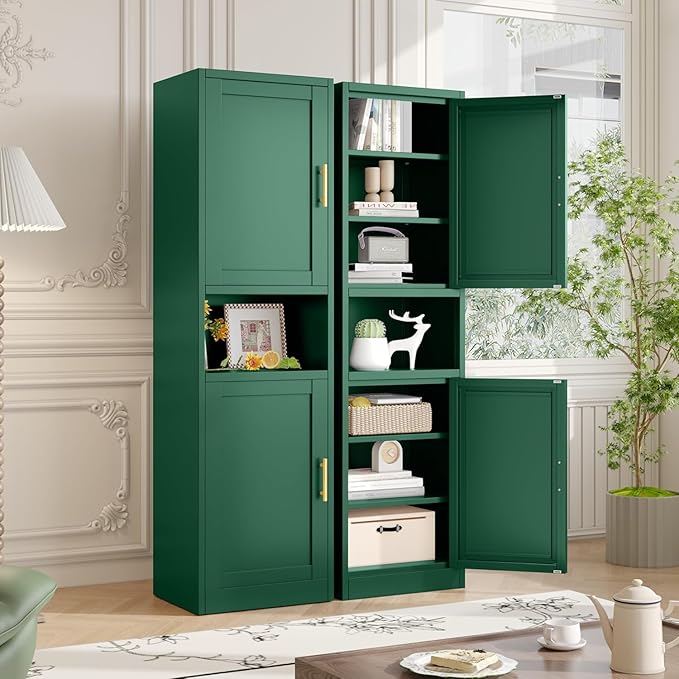 Tall Metal Narrow Bathroom Storage Cabinet 67" H, Tall Green Pantry Cabinets with 4 Adjustable Shelves and 2 Doors for Kitchen, Home Office, Living Room, Dining Room(20 inches Wide)