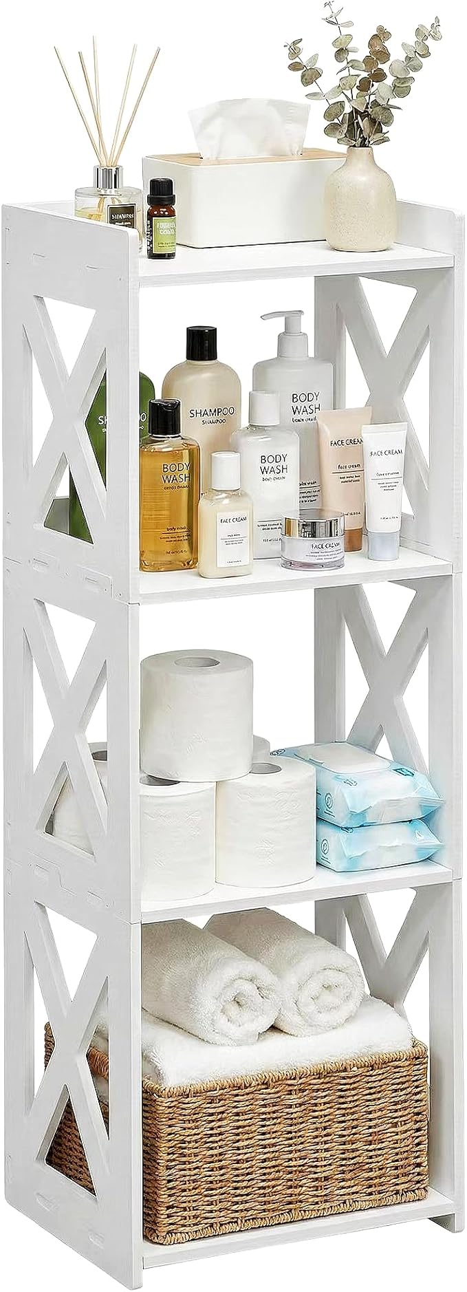 Small Bathroom Storage Corner Shelf, Waterproof PVC Narrow Floor Stand, Slim Gap Filler Organizer for Toilet Side, Laundry Room, Shower, Kitchen Spice Rack, White Restroom Holder (4-Tier)