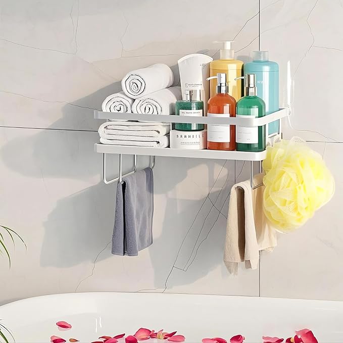 ShellKingdom Over The Toilet Storage Shelf, Toilet Paper Holder Stand Shelves, Punch-Free Bathroom Storage Rack with 2 Hooks, Small Space Organizers for Bathroom, Home, Countertop, White