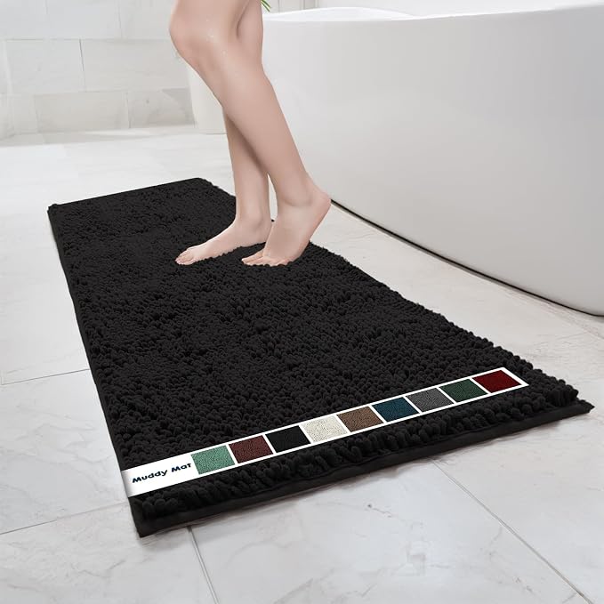 Muddy Mat® | Chenille Bathroom Rugs Quick Dry Microfiber Mats Non Slip Washable, Extra Thick, Soft and Highly Absorbent Bath Mats for Bathroom, Kitchen, and Shower Floor - Black 24"x59"