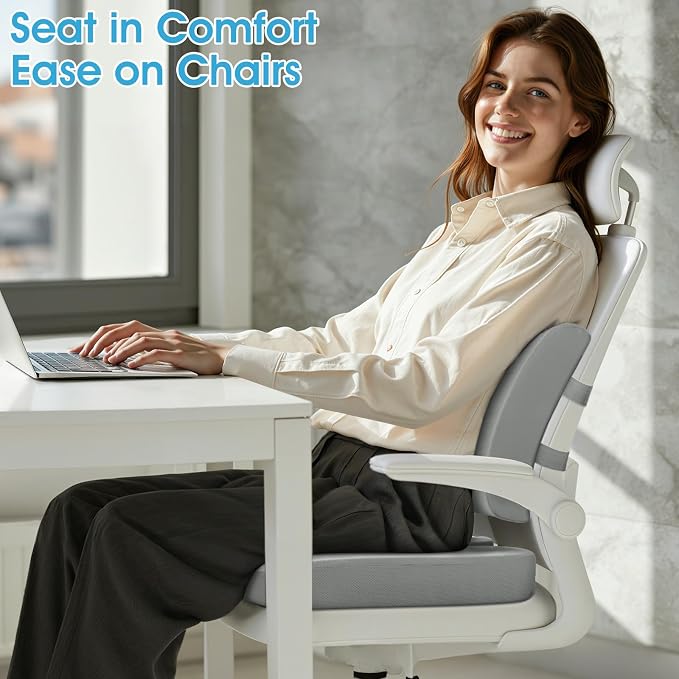 CushZone Seat Cushion, Lumbar Support Pillow with Adjustable Strap-Chair Cushions for Sciatica Pain Relief-with Washable Cover Memory Foam for Car, Travel and Wheelchair, Light Grey X-Large