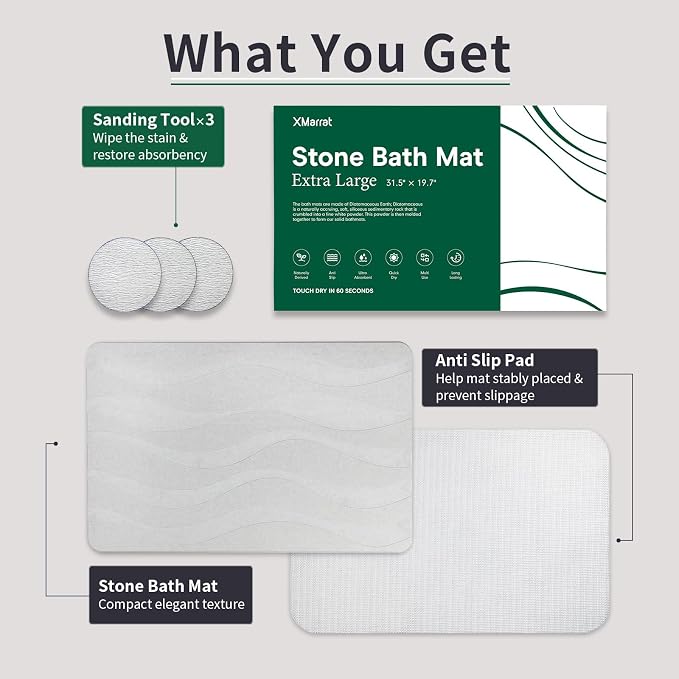 XMarrat Large Stone Bath Mat, 31.5'' x 19.7'' Super Absorbent Diatomaceous Earth Bath Mat Large, Quick Drying Non-Slip Diatomite Stone Bath Mats for Bathroom, Easy to Clean (Light Gray)