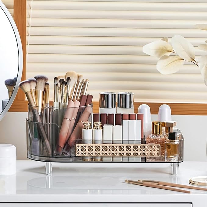 Booklov Rotating Makeup Organizer for Vanity, Large Capacity Cosmetic Display Case, Clear Acrylic Countertop Beauty Storage Holder for Skincare, Brush Eyeliner Lipstick, Counter Table, Crystal Black