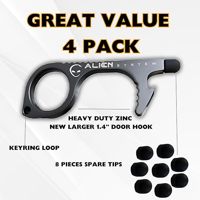 No Touch Door Opener tool 4 Pack - Premium keychain multitool - Hygienic Touch free Keychain tool - Touchscreen stylus, Button pusher and Bottle opener