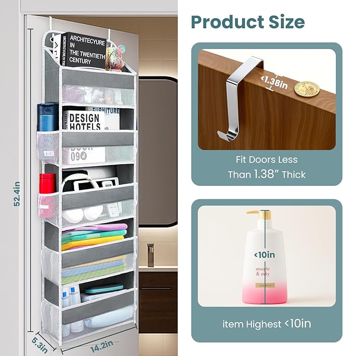 Easy Assembly Over The Door Organizer, 5 Shelves& 8 Side Pockets, Heavy-Duty Reinforced Mesh Rack Holds 44lb, Hanging Behind Door Storage for Bathroom Pantry, Nursery, Closet, Shoes, Towels-Grey