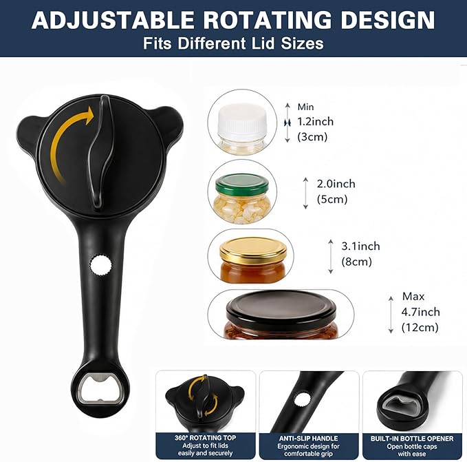 2 in 1 Adjustable Jar Opener for Seniors, Effortless Stainless Steel Lid Opener for Weak Hands & Arthritis, Multi-Function Bottle and Cans Opener, Unique Father's Day Gifts for Men (1PC) (Black)