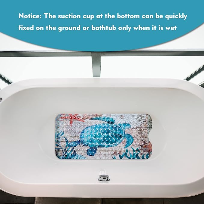 MOLFUJ Non Slip Bathtub Mat for Bathroom, 40 X 16 Inch Sea Turtle Bath Tub Mat with Antislip Suction Cups and Drain Holes, Blue Long Shower Mats for Baby Tub