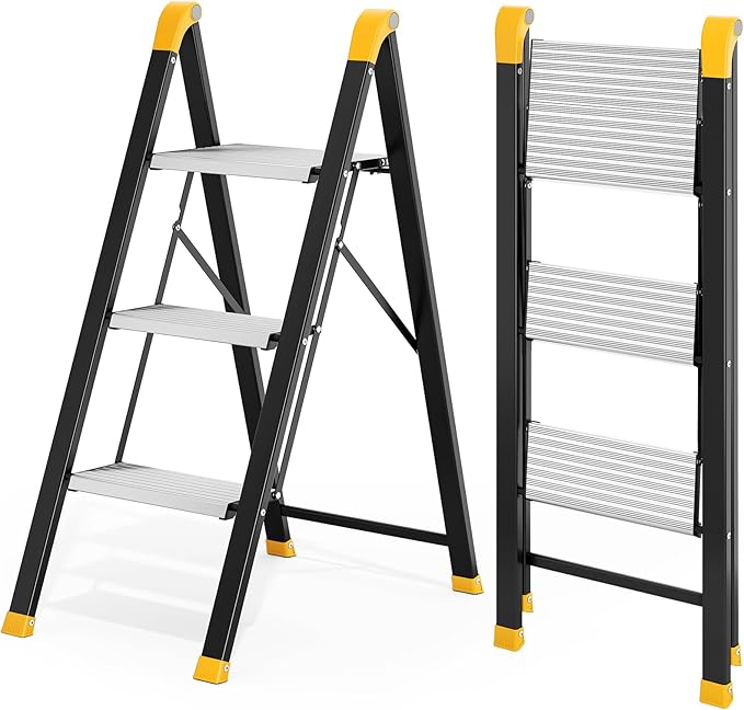 KINGRACK Aluminum Step Ladder, 3 Step Ladder Folding Design, Step Stool Foldable with Safe Grip, Non-Slip Handrails, Safety Lock, Heavy Duty 330LBS for Home, Kitchen, Garage, RV, Black