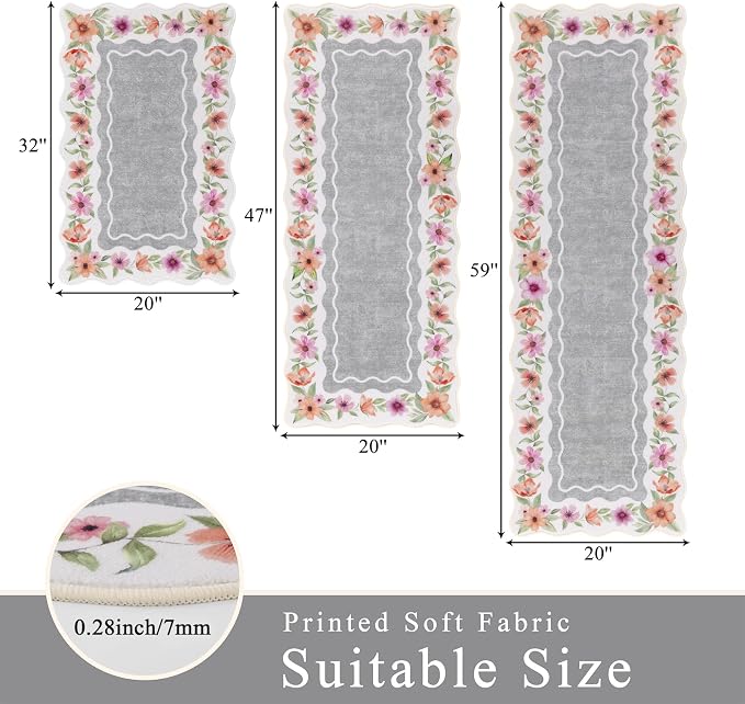 Vaukki Boho Kitchen Rug Sets 3 Pieces, Washable Kitchen Mats for Floor, Non Slip Soft Kitchen Area Rug Floor Mat for Kitchen, Laundry Room and Hallway (Flower-Grey, 20''x32''+20''x47''+20''x59'')