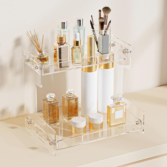 Bathroom Counter Organizer Countertop 2 Tier Storage Acrylic Corner Makeup Organizer for Perfume Stand, Vanity Holder, Dresser Tray, Spice Rack, Skincare, Coffee Bar, Room Decor (Clear)