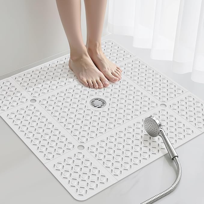 Yolife Square Shower Mat, 27" x 27" Large Shower Mat with Center Drain Hole, Soft TPE Non Slip Shower Mats for Inside Shower with Suction Cups, Anti Slip Washable Shower Floor Mat, White