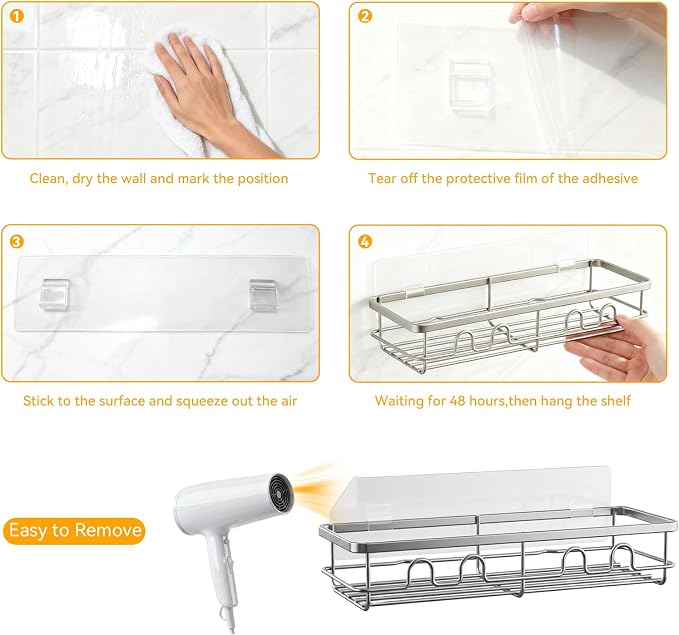 Adhesive Shower Caddy, Large Capacity Shower Racks for Inside Shower, No Drill Bathroom Shower Organizer and Storage, 2 Pack Silver Bathroom Shelves, Home Decor Rv Accessories, Apartment