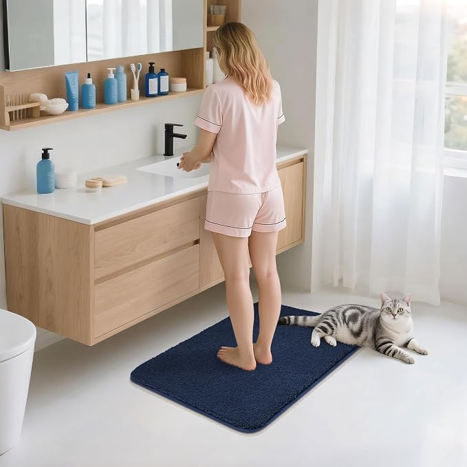 COSY HOMEER Bath Rugs for Bathroom Extra Thick- Anti-Slip Bath Mats Soft Plush Yarn Shaggy 100% Strong Mirco Polyeste Mat Living Room Bedroom Mat Floor Water Absorbent(Navy,20x32 - Inches)
