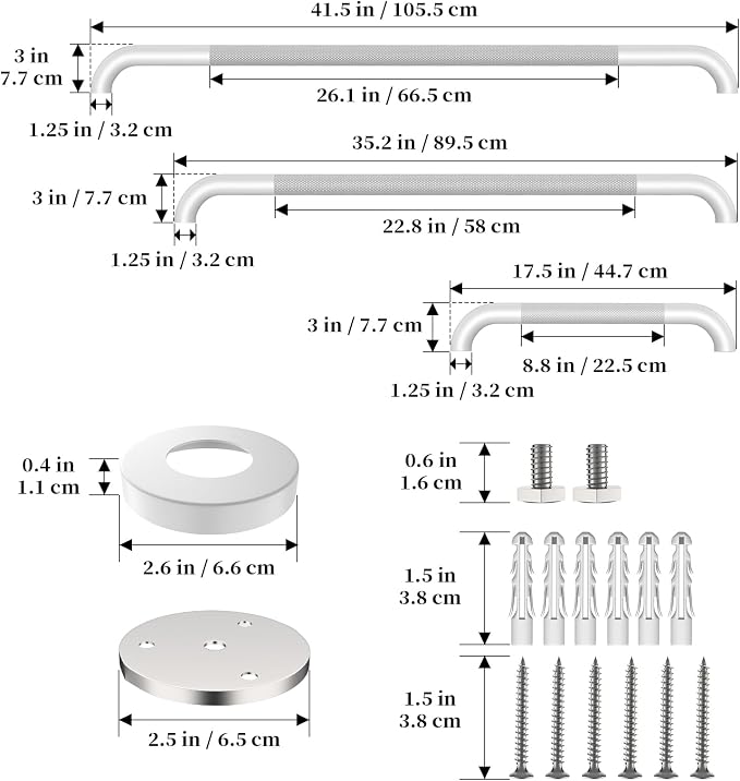 3 Pack Anti Slip Shower Grab Bar for Commercial, Munzong 18" 36" 42" White Bathroom Grab Bar Bundle,1.25" Diameter Handicap Balance Bar,Stainless Steel Safety Hand Rail for Elderly Assist Bath Handle
