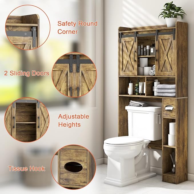 Vabches Over The Toilet Storage Cabinet, Farmhouse Storage Cabinet Over Toilet with Sliding Doors & Toilet Paper Holder Stand，Home Space-Saving Toilet Rack, for Bathroom, Restroom, Laundry