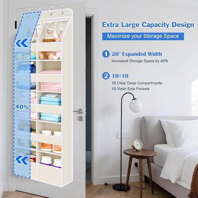 Univivi 6-Shelf Baby Door Storage Over Door Fabric Hanging Organizer with 10 Deep Pockets and 4 Small PVC Pockets Wall Mount Hanging Storage Organizers for Baby Essential (Beige)