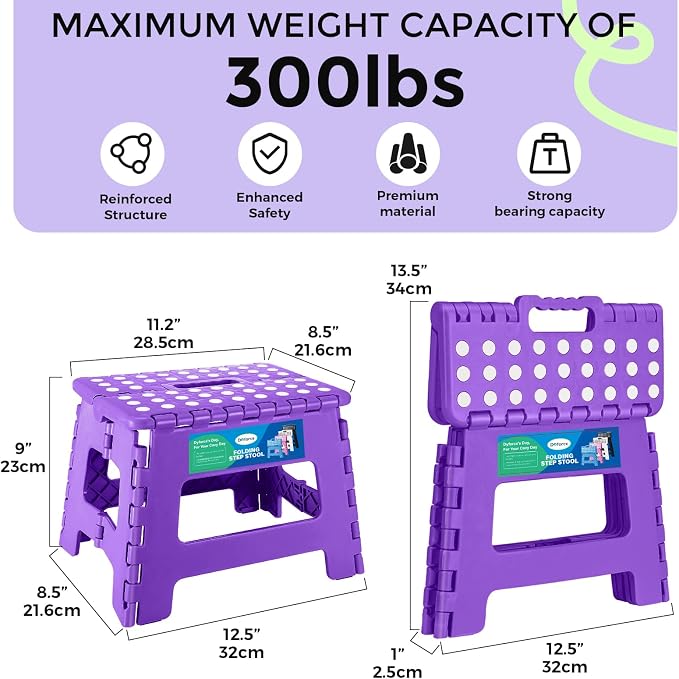 Dyforce Folding Step Stool 9", Kids Step Stool, Heavy Duty Step Stools for Adults, Compact Foot Stools, Light-Weight Toddler Step Stools for Kitchen, Bathroom, Holds Up to 300 lbs (Purple)