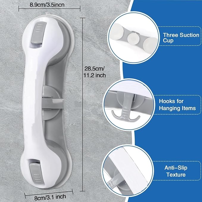 2 Pack Grab Bars for Bathtubs and Showers with 3 Suction Cups Heavy Duty Bathroom Handrails for Seniors and Elderly Safety Grip No Drilling Waterproof Bath Handle