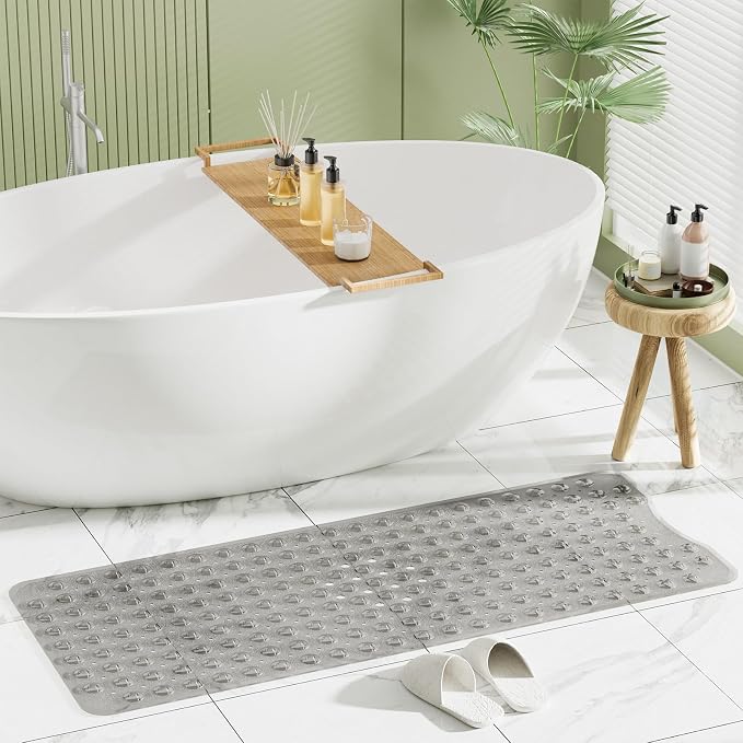 AmazerBath Shower Mat Non Slip 40 x 16 Inches, Shower Stall Mats with Suction Cups and Drain Holes, Non Slip Bath Mat for Tub for Elderly & Kids, Clear Gray