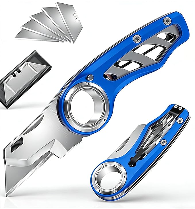 Folding Utility Knife Pocket Knife, Heavy-Duty Box Cutter with Anti Slip Finger Loop, Quick Change Blade Razor Knife, Box Cutters for Home, Office, Warehouse, Durable Razor Knife, Box Knife (Blue)