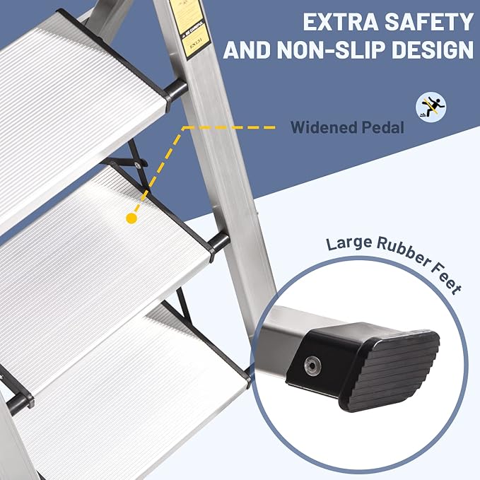 XinSunho 4 Step Ladder, Retractable Handgrip Folding Step Stool with Anti-Slip Wide Pedal, Aluminum Stool Ladders 4 Steps, 330lbs Safety Household Ladder