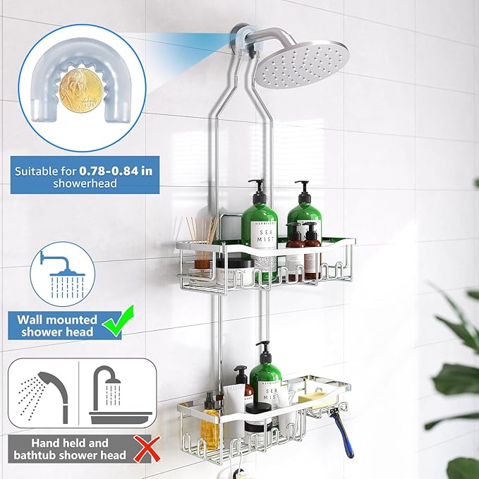 Shower Caddy Hanging for Bathroom: Adjustable Height No Blocking to Shower Head - Rustproof Shower Caddy Over Showerhead - Shower Organizer with Hooks Soap Holder, Silver