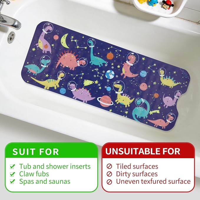 Bath Tub Shower Mat Non Slip Kids Bathtub Mat Anti Slip Baby Bath Mat for Tub 40 x 16 Inch Extra Long Toddler Bath Mat with Suction Cups and Drain Holes for Bathroom Floor,Space Dinos