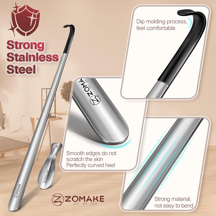 ZOMAKE Shoe Horn Long Handle for Seniors Men Women,Metal Long Shoehorn Boot Horn,16.5" Stainless Steel Shoe Spoon Helper