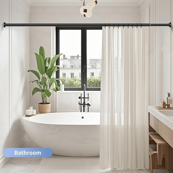 Black Shower Curtain Rod 34-82 Inches(2.8-6.8ft) Never Rust Adjustable Shower Rod Spring Tension Non Slip No Drilling Shower Rods for Bathroom Garland Window