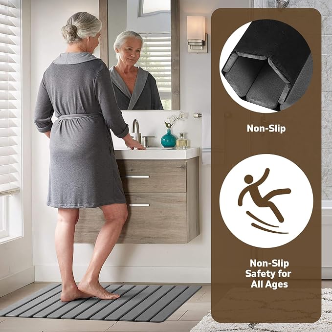 Extra-Large Foldable Stone Bath Mat for Bathroom, 2 Pcs Super Absorbent Diatomaceous Earth Bath Mat with Anti-Slip Leather Base, Quick Drying Modern Bath Stone Mat (Grey, 28" x 16" & 8" x 4")