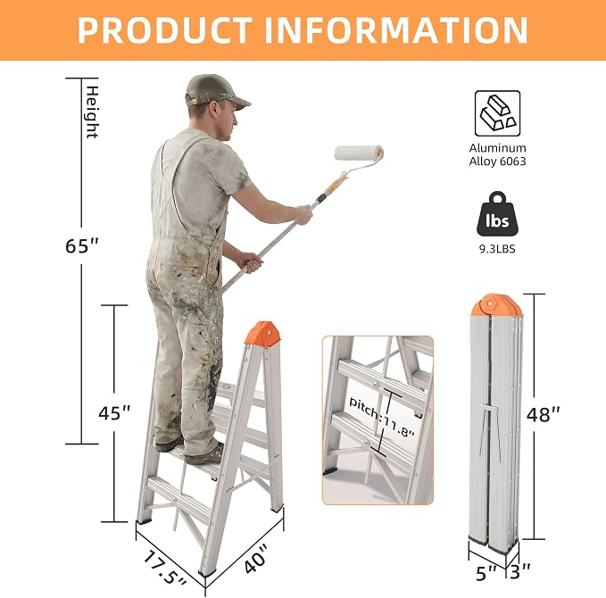 Aparecium Aluminum Foldable Twin Front Collapsible A Frame 3-Step Ladder, Compact Step Stool with Wide Anti-Slip Pedal, EN131, 330lb Capacity