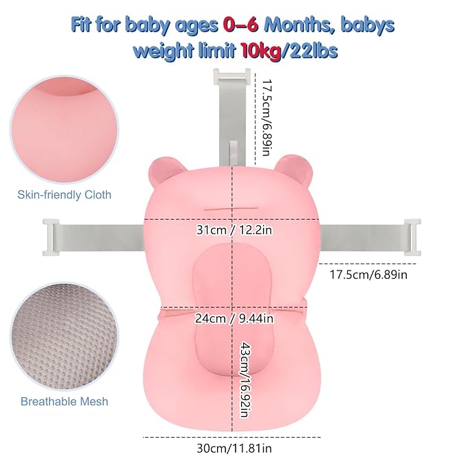 Colorlife Baby Bath Seat Support Net Infant Bathing Seat Support Mat, Comfortable Adjustable Non-Slip Three-Pointed Baby Shower Net Bathtub Sit Up Mesh for Newborn 0-12 Months-Pink(No Bathtub)